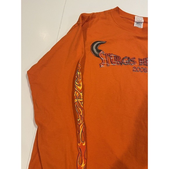Sturgis Bike Week 2008 Long Sleeve Motorcycle T-Shirt Double Sided Orange Flames - Picture 2 of 16